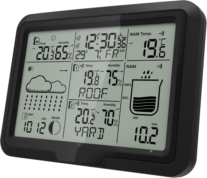 Miraval Design Funk-Wetterstation mit 2 benennbaren Sensoren + Regenmesser Mondphasenanzeige Luftfeu