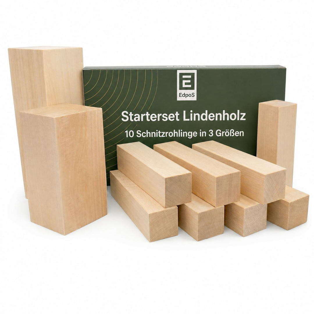 Edpas Schnitzholz Linde - Mix Set Gross 20x7x7cm + 6 kleine Holzblöcke + Schnitzvorlagen - weiches L