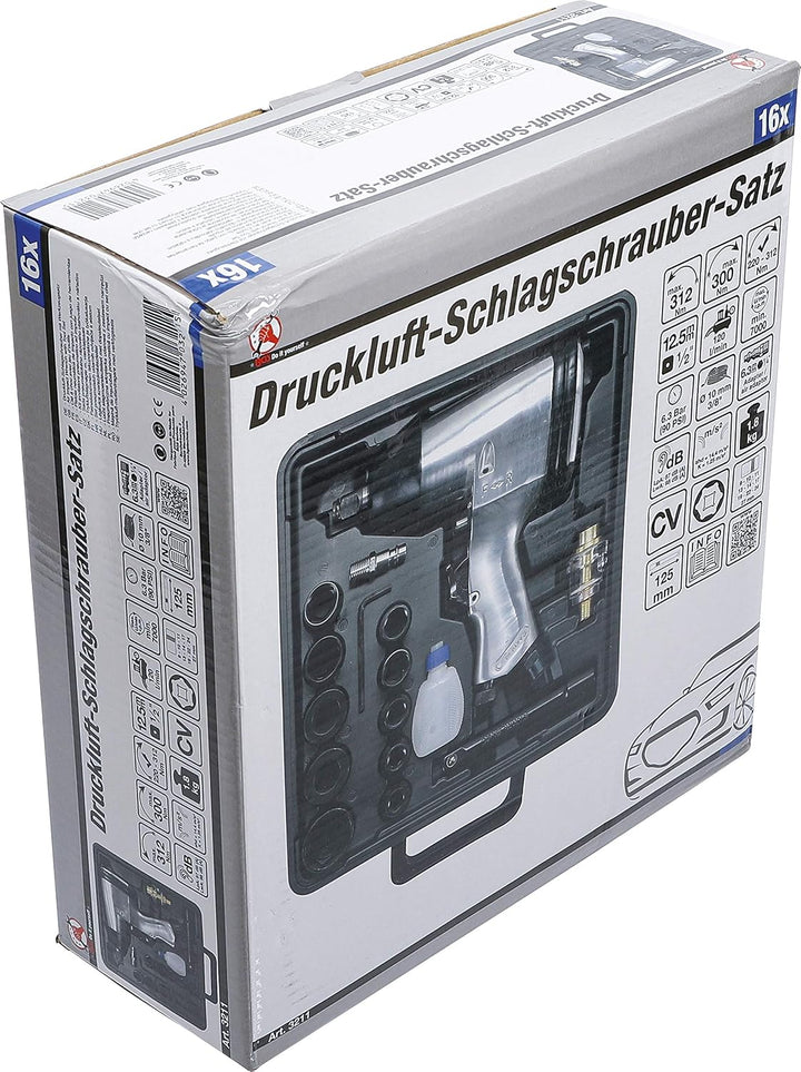 BGS Diy 3211 | Druckluft-Schlagschrauber mit Werkzeugsatz | 12,5 mm (1/2") | 312 Nm | 16-tlg.