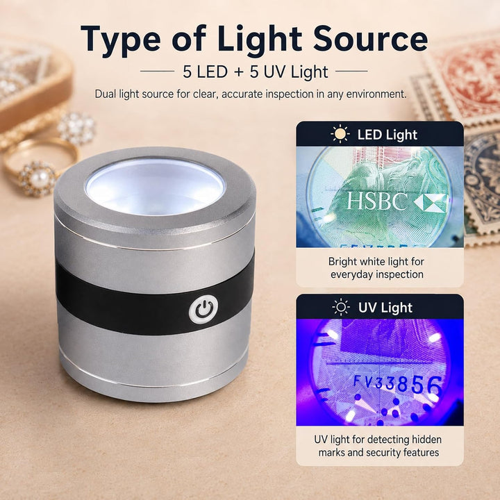 10X Juwelierlupe mit LED- und UV-Licht, metrischer Skala, USB-LED-Ladeanzeige. Ideal für Schmuck, Te