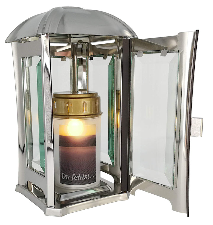 Grablaterne, Grablampe, Grablicht aus Edelstahl mit Facettenglasscheiben inkl. LED-Grablicht 24 cm 