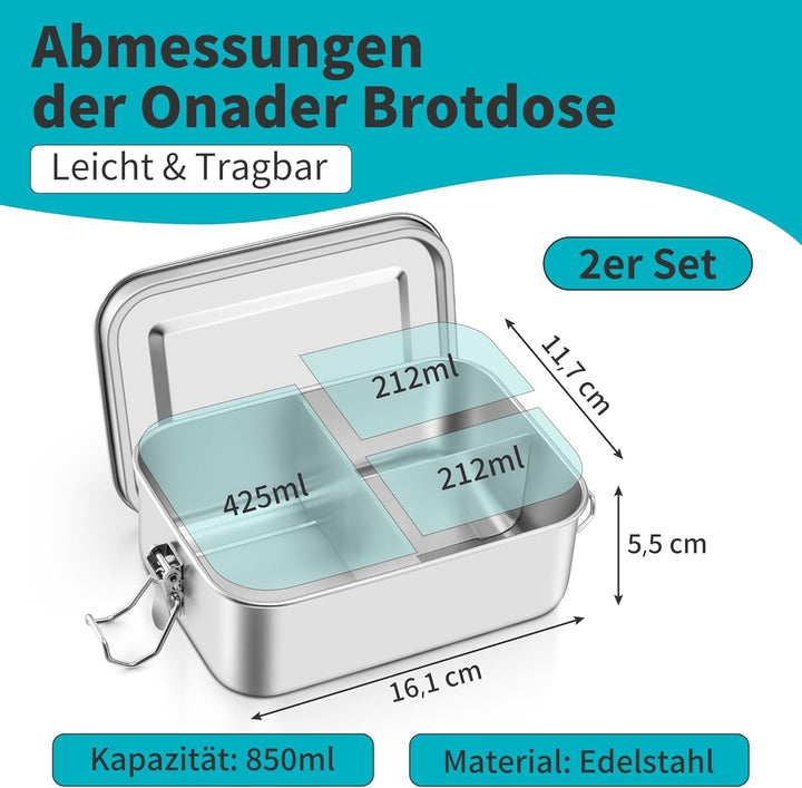 Onader Edelstahl Brotdose mit Fächern 2er Set, 850ml Bento Box Lunchbox mit Abnehmbar Trennwand, Met
