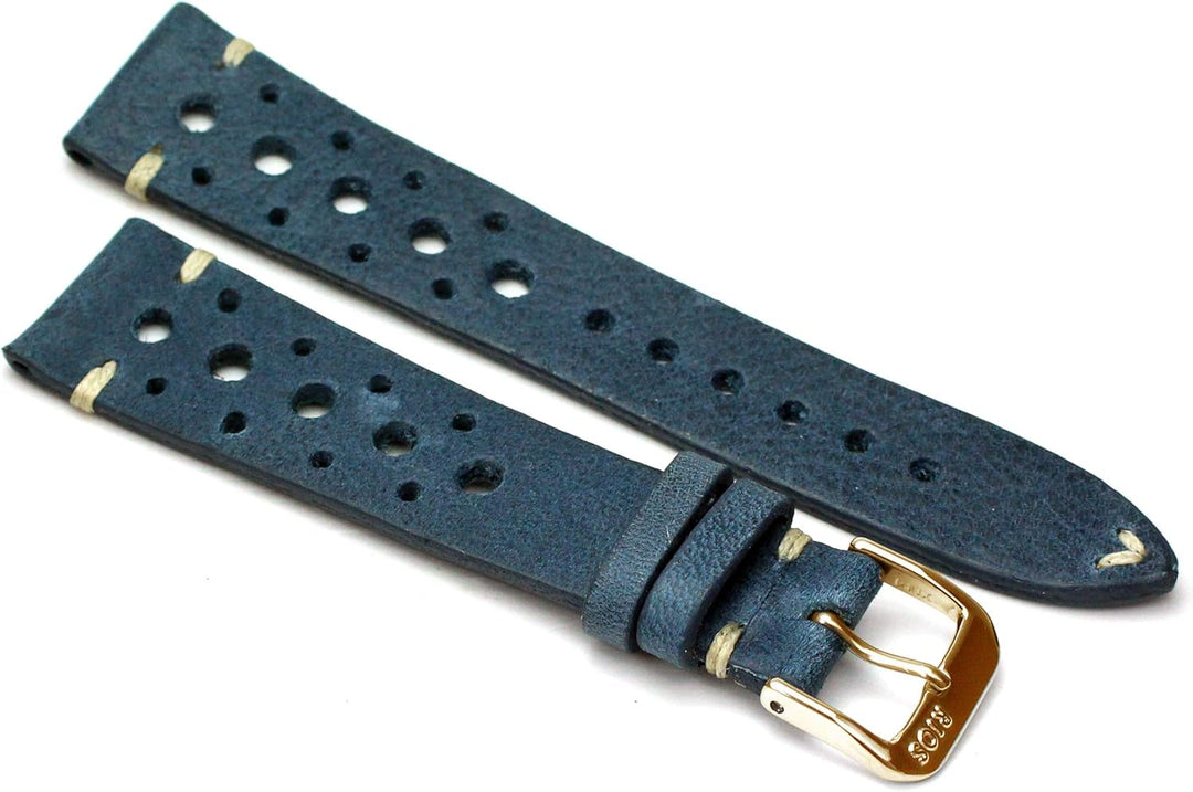 RIOS1931 Rallye Gold Vintage Rindsleder Uhrenarmband handgemacht in Deutschland Robust 19mm blau