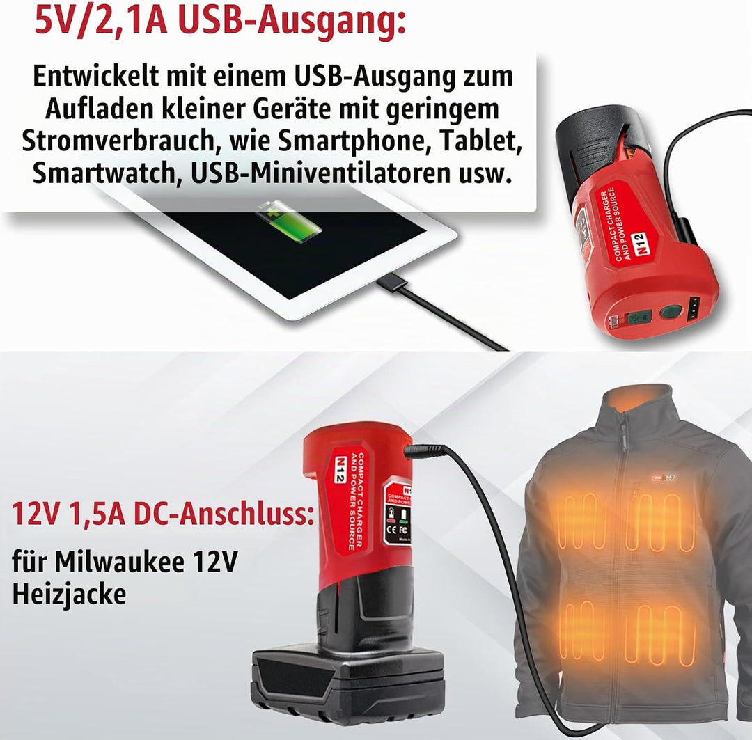 Upgrade für M12 USB Power Source Ladegerät Adapter, für Milwaukee 12V Akku, Typ-C Eingang, USB Ausga