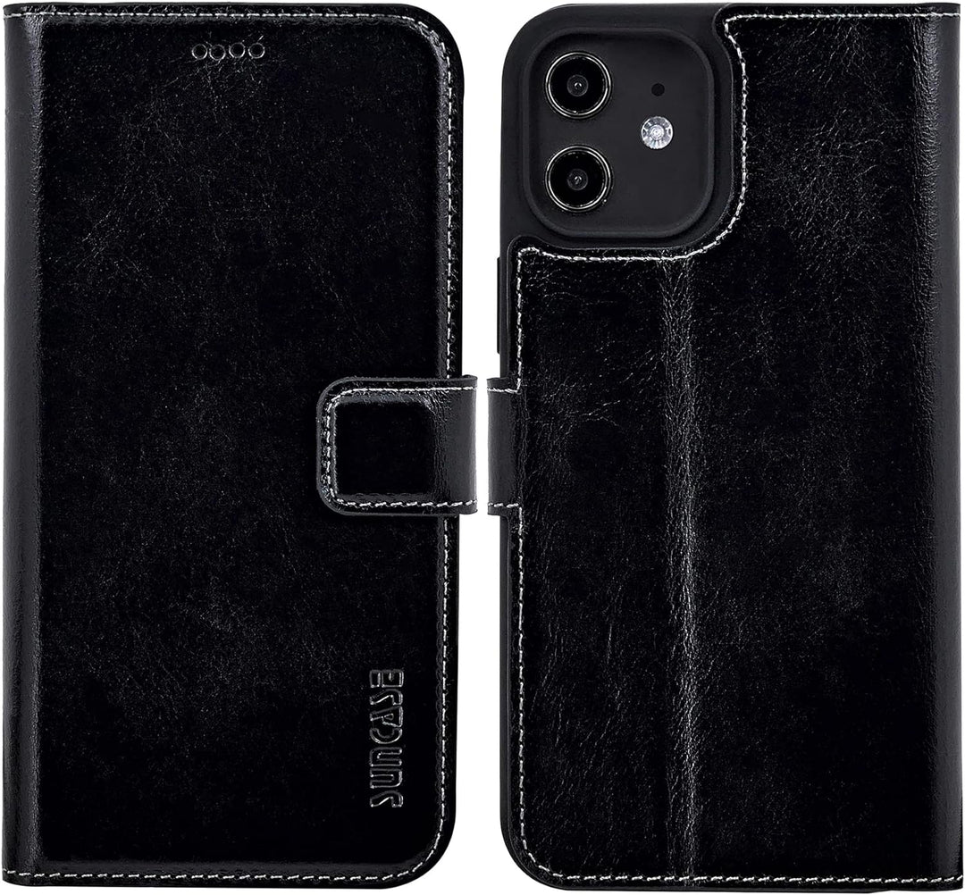 Suncase Book-Style Hülle kompatibel mit iPhone 12 Mini (5.4") Leder Tasche (Slim-Fit) Lederhülle Han