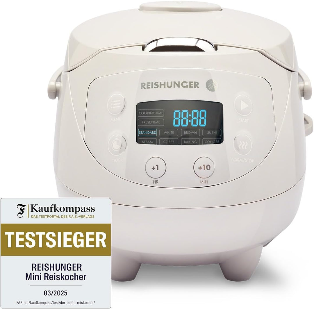 Digitaler Reishunger Mini Reiskocher und Dampfgarer in Grau - Warmhaltefunktion, Timer & Premium Top
