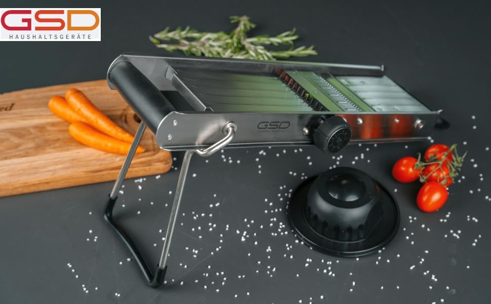 GSD Profi Mandoline, Edelstahl/Kunststoff Silber, mit ergonomischen Restehalter und Gummifüssen, Mas