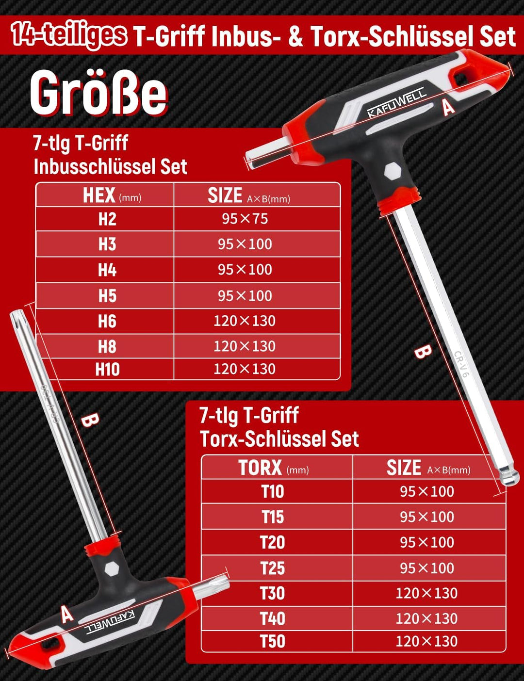 14-tlg Inbusschlüssel und Torx-Schlüssel-Satz T-Griff, metrisch Sechskant H2-H10, Torx-Schlüssel TX1