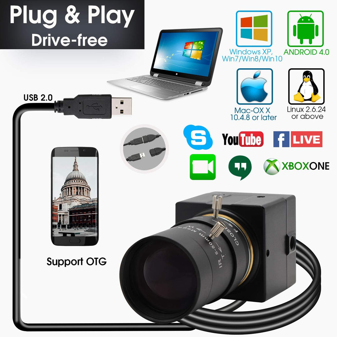 Svpro 5-50mm Varioobjektiv 5MP USB Kamera,10X Optischer Zoom Manual Fokus Webcam mit IR-Sperrfilter