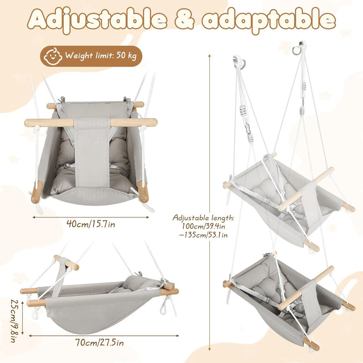 Babyschaukel 3 in 1, Holz-Hängeschaukelsitz mit Sicherheitsgurt und Baumwollkissen, Einstellbar Baby