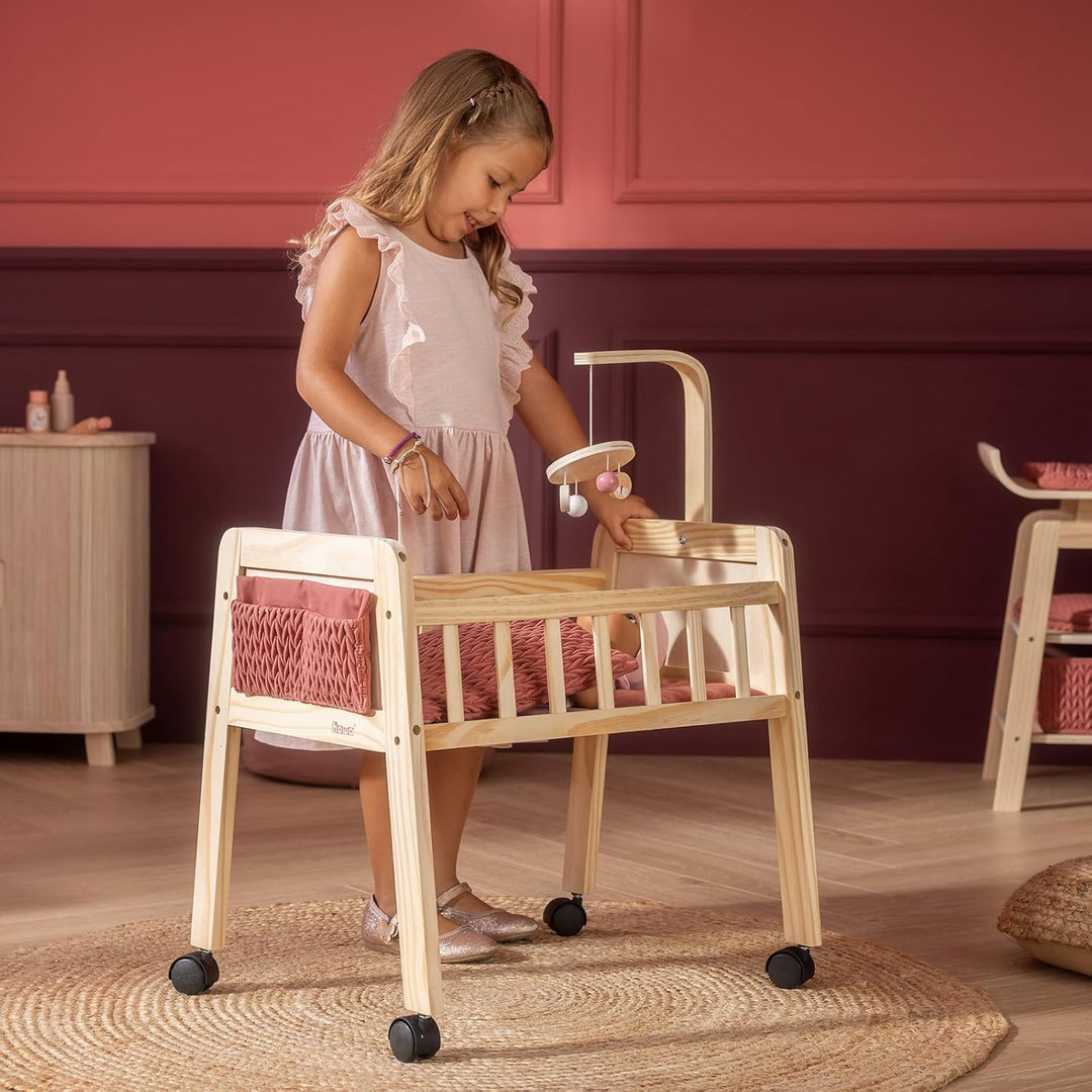 howa Puppenbett Holz Grace mit Rollen, Mobile, Matratze, Decke & Stofftasche, Puppenmöbel für Puppen