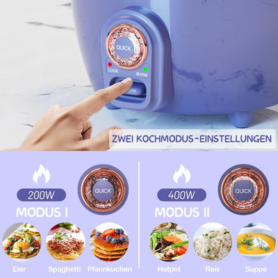 Reiskocher (5 Tassen, 1 Liter) & Dampfgarer mit Dualmodus 400W/200W Rice Cooker, Antihaftbeschichtet