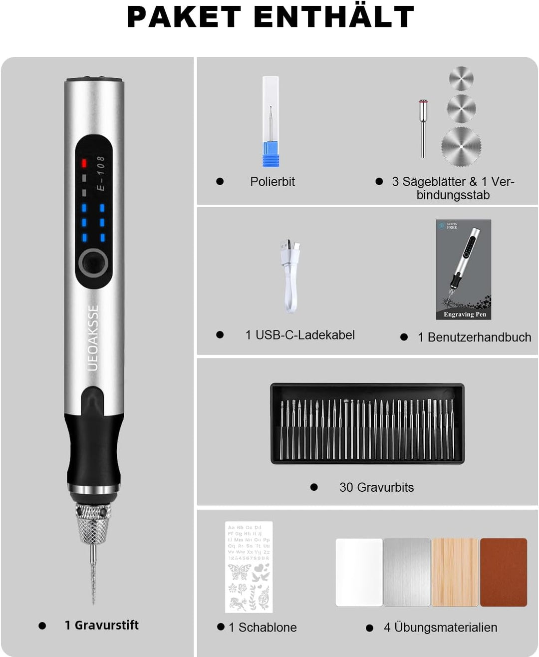 Gravierstift mit 50+ Zubehörteilen,kabelloser Gravurstift für alle Materialien,3-stufig regelbare,US