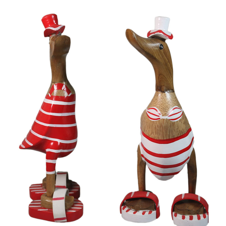 ART-CRAFT 2X Holz Ente Lauf Ente Gartendeko Figur aus Bambus Wurzel und Teak Holz rot Bikini Paar ha