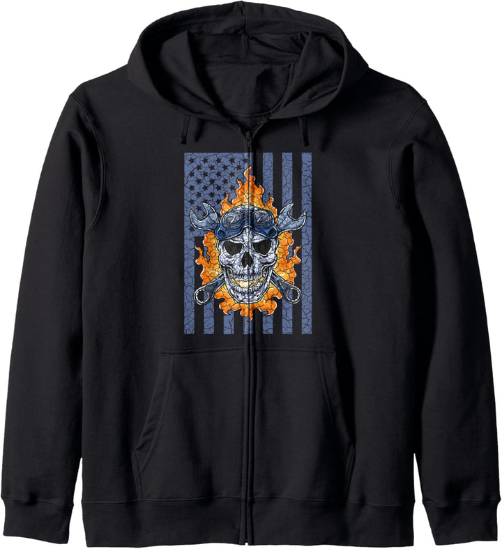 Mechaniker Handwerker Feuer Totenkopf Amerikanische Flagge Kapuzenjacke