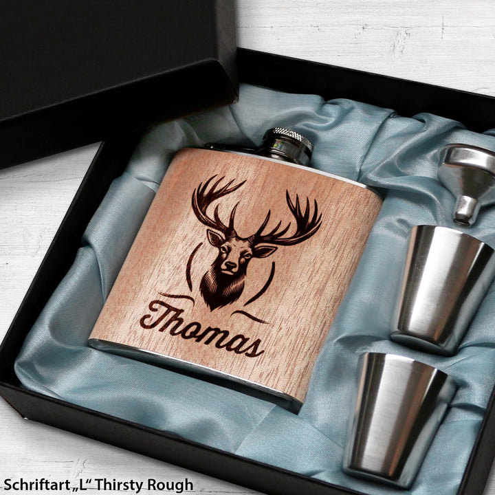 Jäger Geschenk Holz Flachmann Hirsch mit Gravur Flachmann Jäger Geschenkidee Männer Holz, Holz