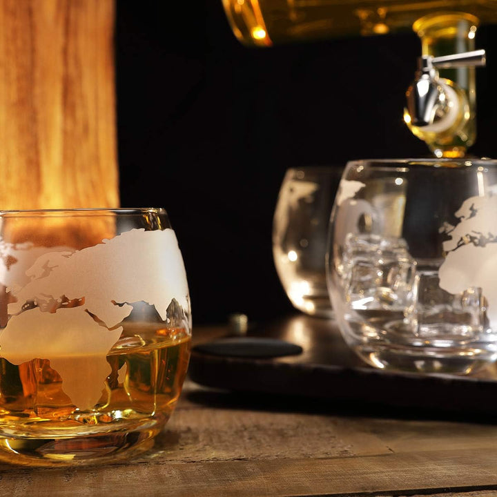 Whisky-Set 4er Whiskygläser 320ml, Glas-Karaffe mit Segelschiff Füllmenge 1000ml, Edelstahlhahn - Bl