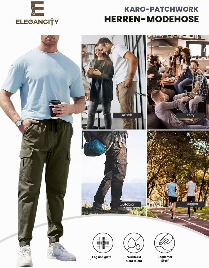Cargohose Herren Chino Hose mit 6 Taschen Cargo Hose Stretch Jogginghose für Männer mit Bundgummi El