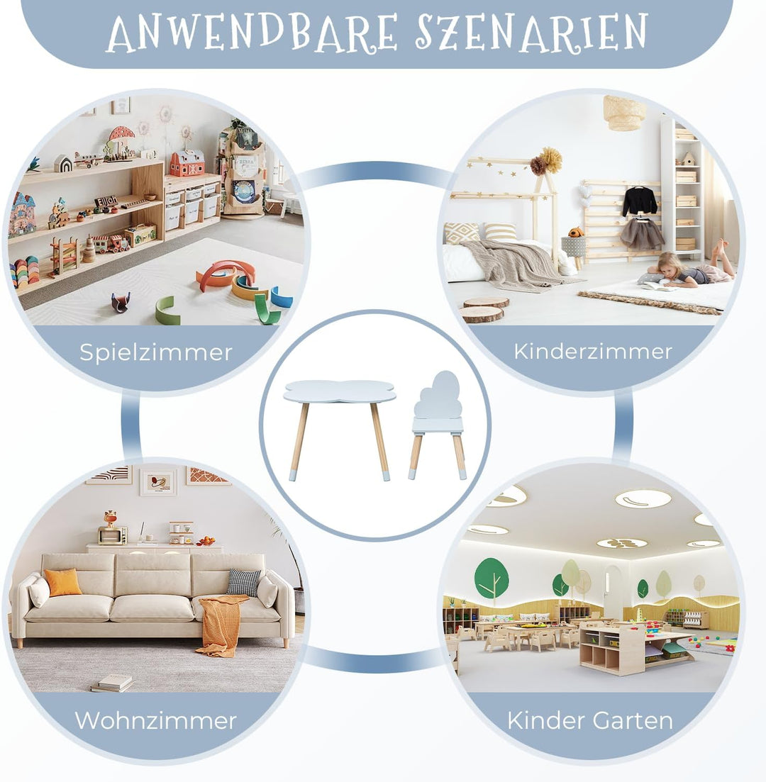 Rebecca Mobili RE7141 Kindertisch- und Stuhlset, Hellblau Braun, MDF-Kiefer, für Spielzimmer, Kinder