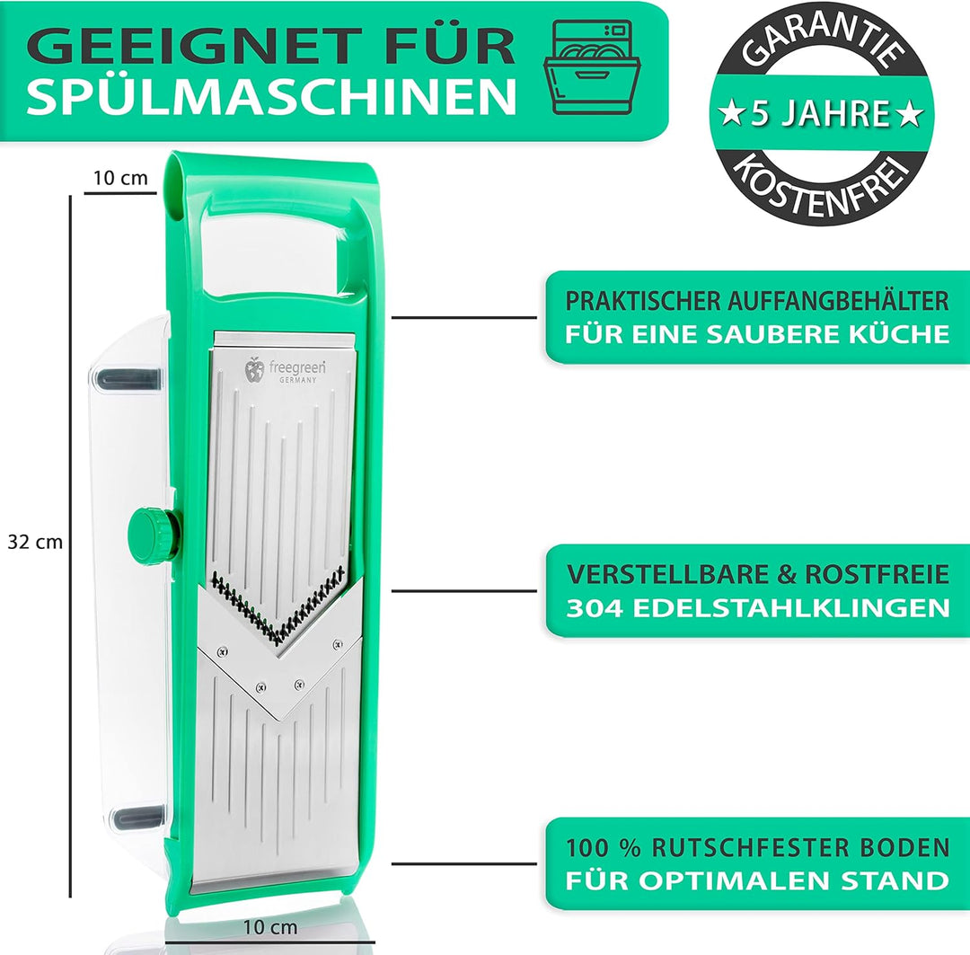 freegreen® GERMANY Obst- & Gemüsehobel aus Edelstahl mit V-Klinge & Auffangbehälter I Inklusive Gemü