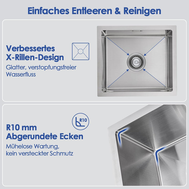ROVOGO 40 x 55 cm Unterbau Spülbecken Küche, Unterbauspüle aus Edelstahl 304, Küche Spüle mit Siebko