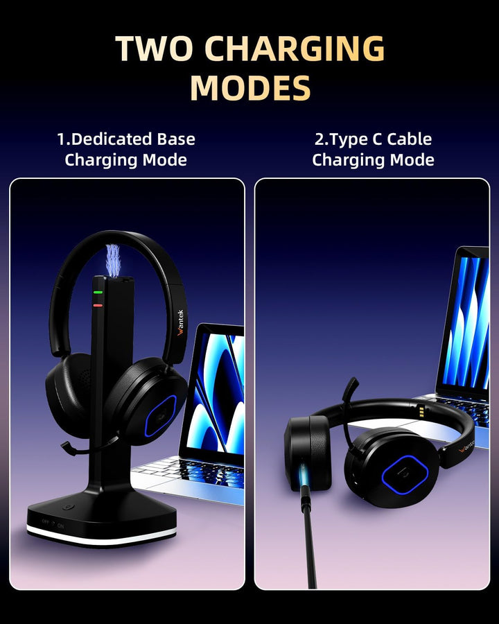 Wantek Bluetooth Headset mit Mikrofon & USB Dongle, Akku 45h+, Wireless Headset PC mit Noise Cancell