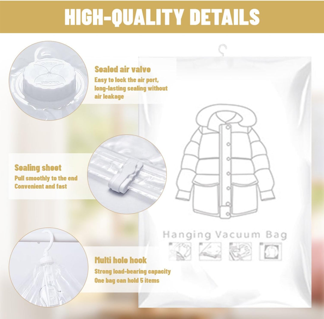 6 Stück Hängende Vakuumbeutel für Kleidung 70x110cm mit Handpumpe, Wiederverwendbare Vacuum Bags for