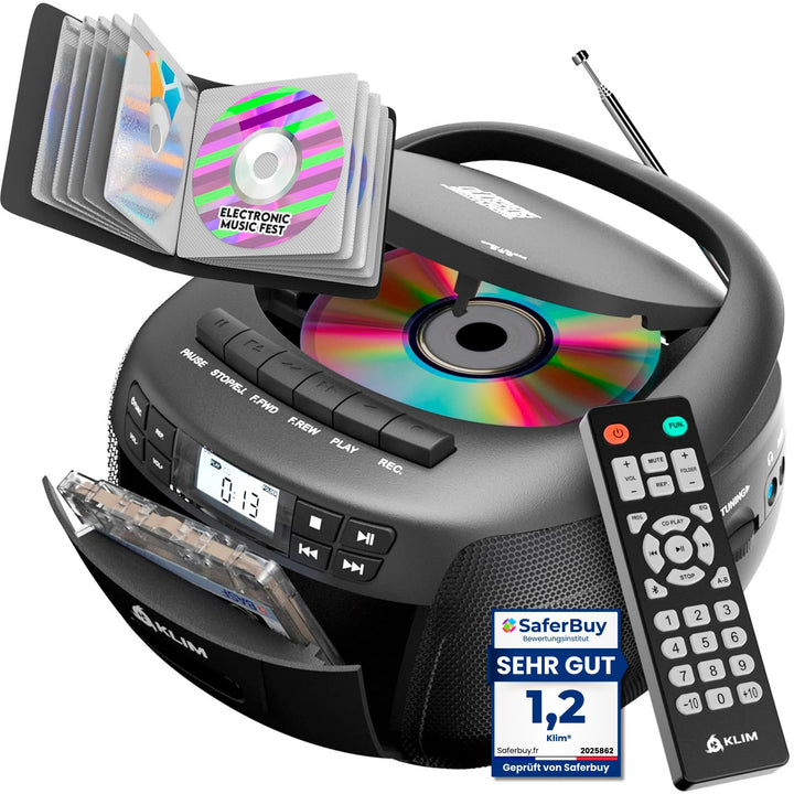 KLIM CD Player mit Kassette mit Etui, Kassettenspieler, Kassettenrekorder, Radio mit CD und Kassette