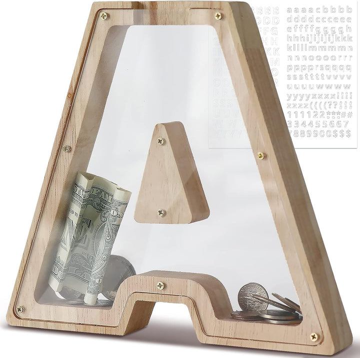DBPBToU Spardose aus Holz Buchstaben, Sparschwein Durchsichtig für Kinder, Sparbox Personalisierte,