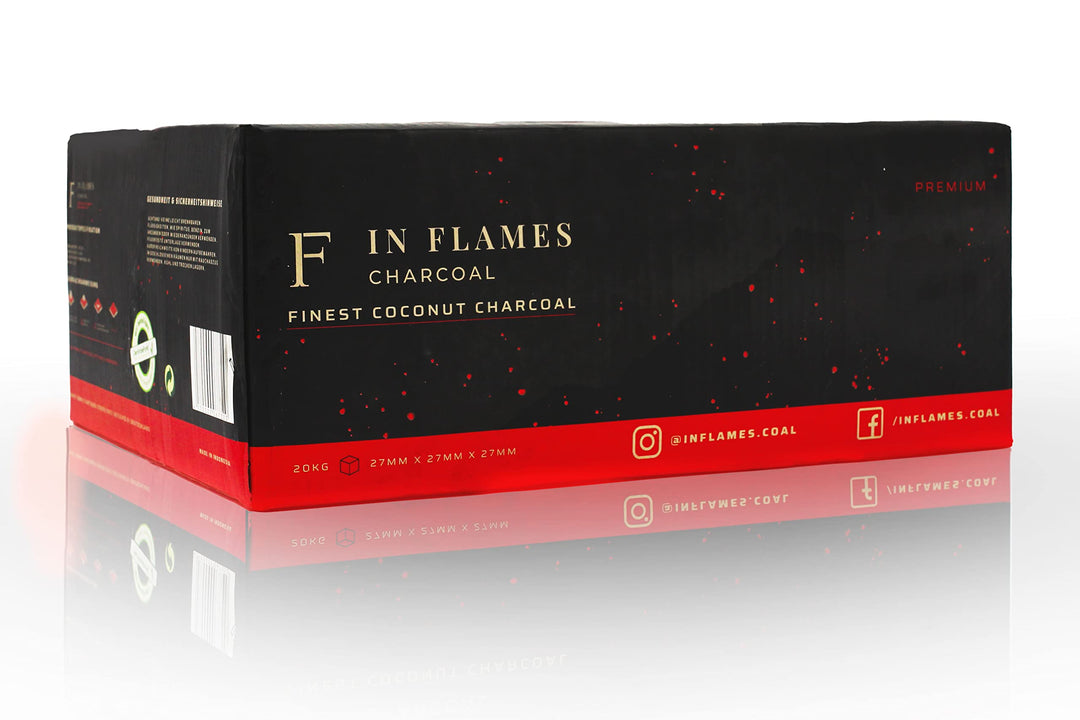 In Flames Kohle 20 kg - mit extra Langer Brenndauer - Hochwertige 27er Kokosnuss Briketts - einzeln