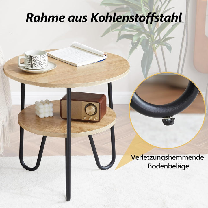 Mingone Couchtisch Rund Beistelltisch 2 Ablagen Sofatisch Modern mit Stauraum Kleiner Tisch für Wohn