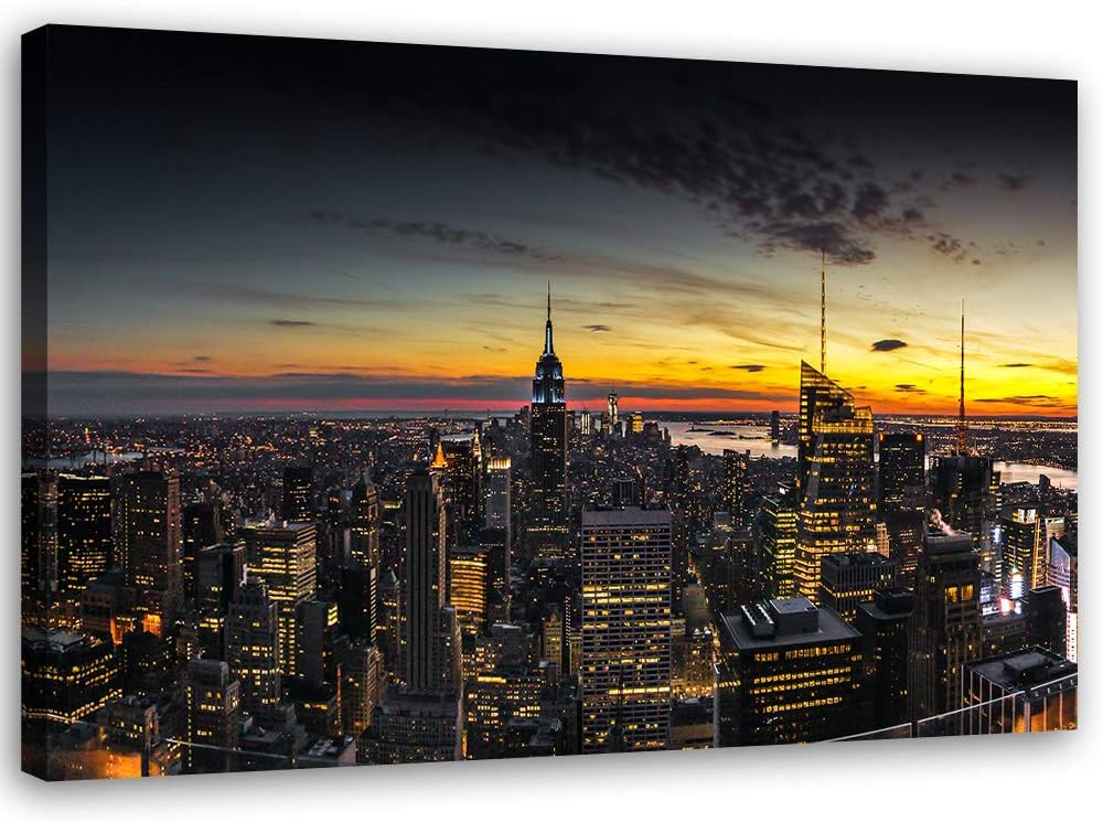 Feeby Bild auf Leinwand New York Kunstdruck modern Sonnenuntergang Gelb 80x60 cm Leinwandbild 80x60