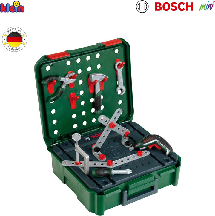 Klein Theo 8396 Bosch Werkbankkoffer + IXOLINO II I Für Konstruktionsspiele I Inkl. Werkzeug und Zub