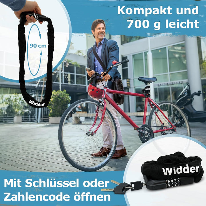 WIDDER Kettenschloss als Zahlenschloss oder Schlüsselschloss – gehärteter Stahl, 90 cm lang, 700 g l