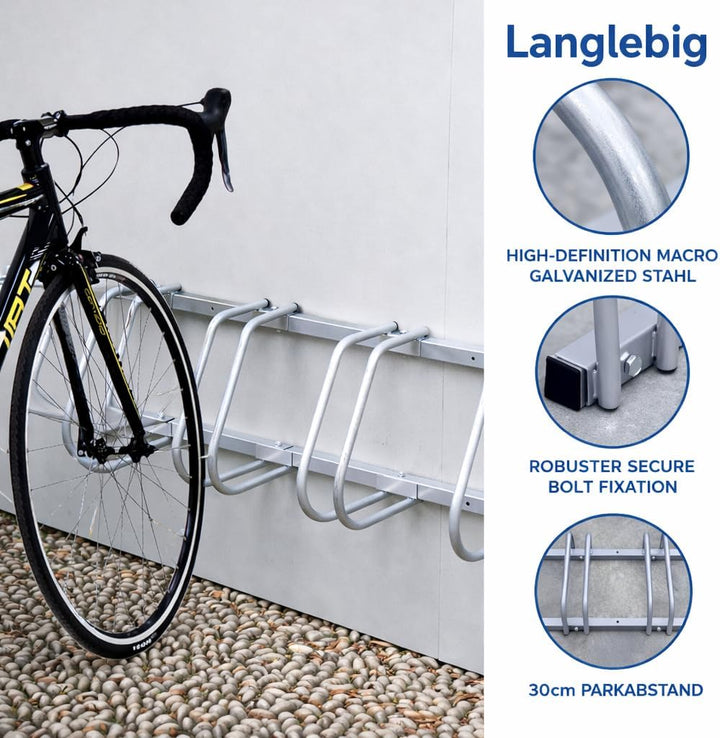 Fahrradständer für 6 Fahrräder – 16mm verzinkter Stahl, 30cm Abstand, für 35-55mm Reifen, Boden- &amp; W