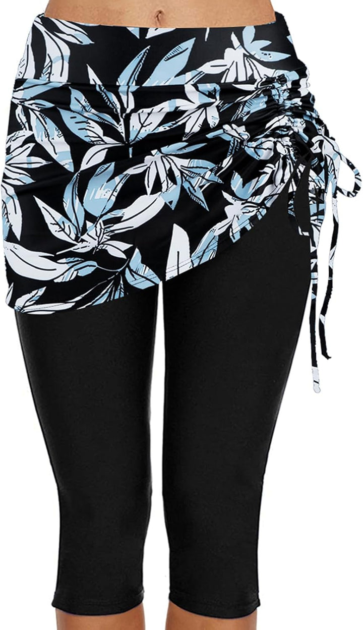 Ecupper Badehose Damen Lang Schwimmhose Capri Badeleggings Mit Rock Schwimm M Blaue Blume, M Blaue B