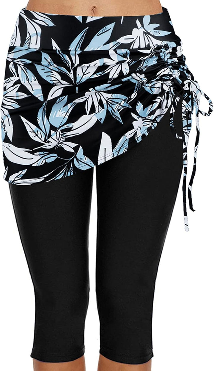 Ecupper Badehose Damen Lang Schwimmhose Capri Badeleggings Mit Rock Schwimm L Blaue Blume, L Blaue B