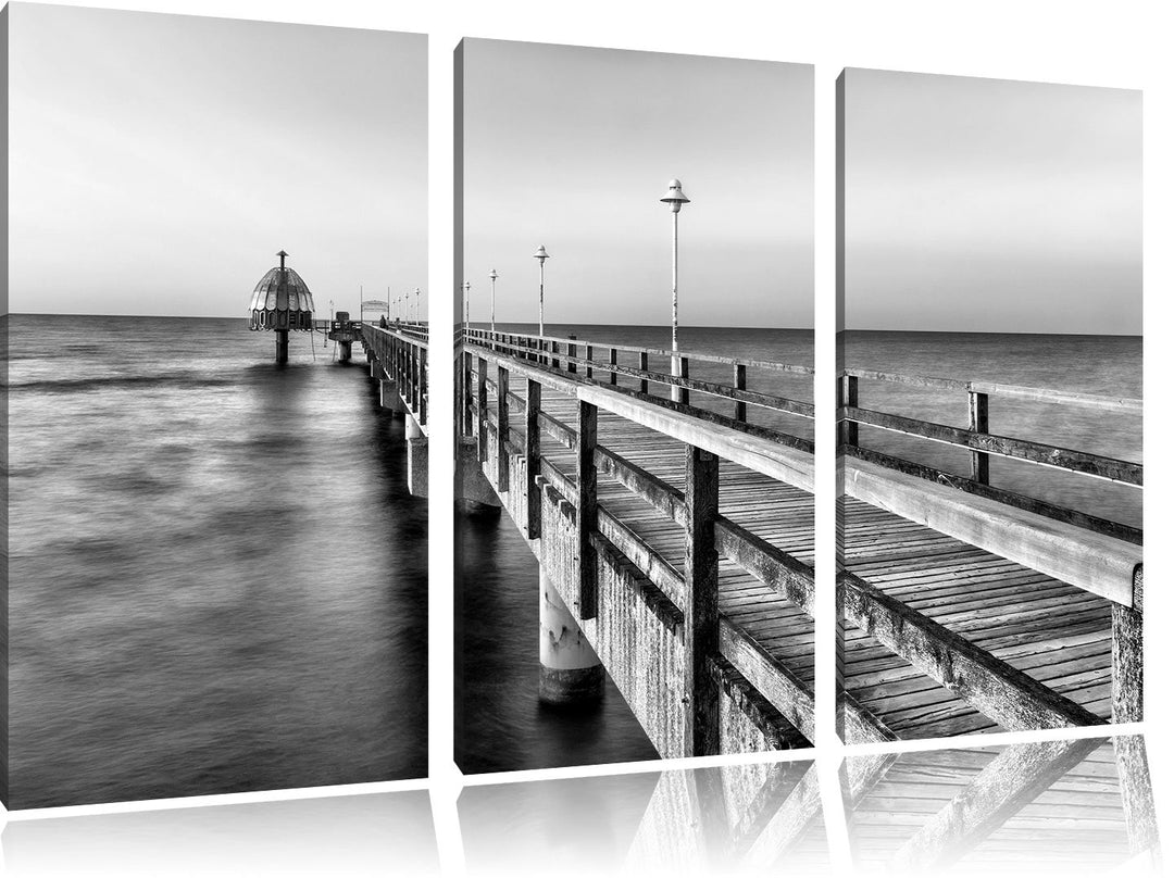 Monocrome, Pier Steg ins Meer Sonnenuntergang Strand Wasser 3-Teiler Leinwandbild 120x80 Bild auf Le