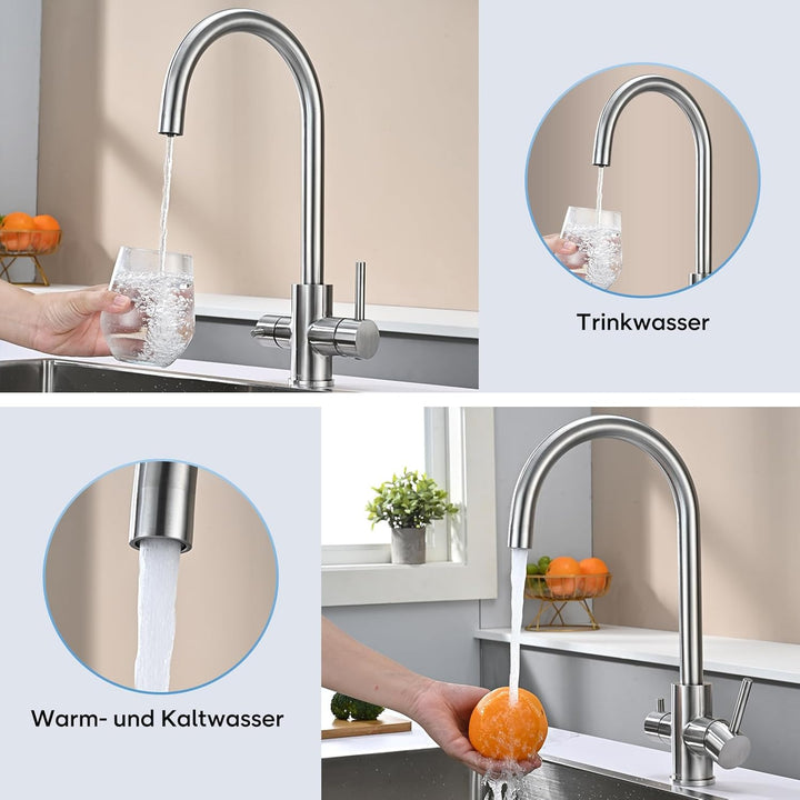 3 Wege Küchenarmatur Küche, DETBOM Wasserfilter Wasserhahn für Trinkwasser Küchenspüle, Trinkwasserh