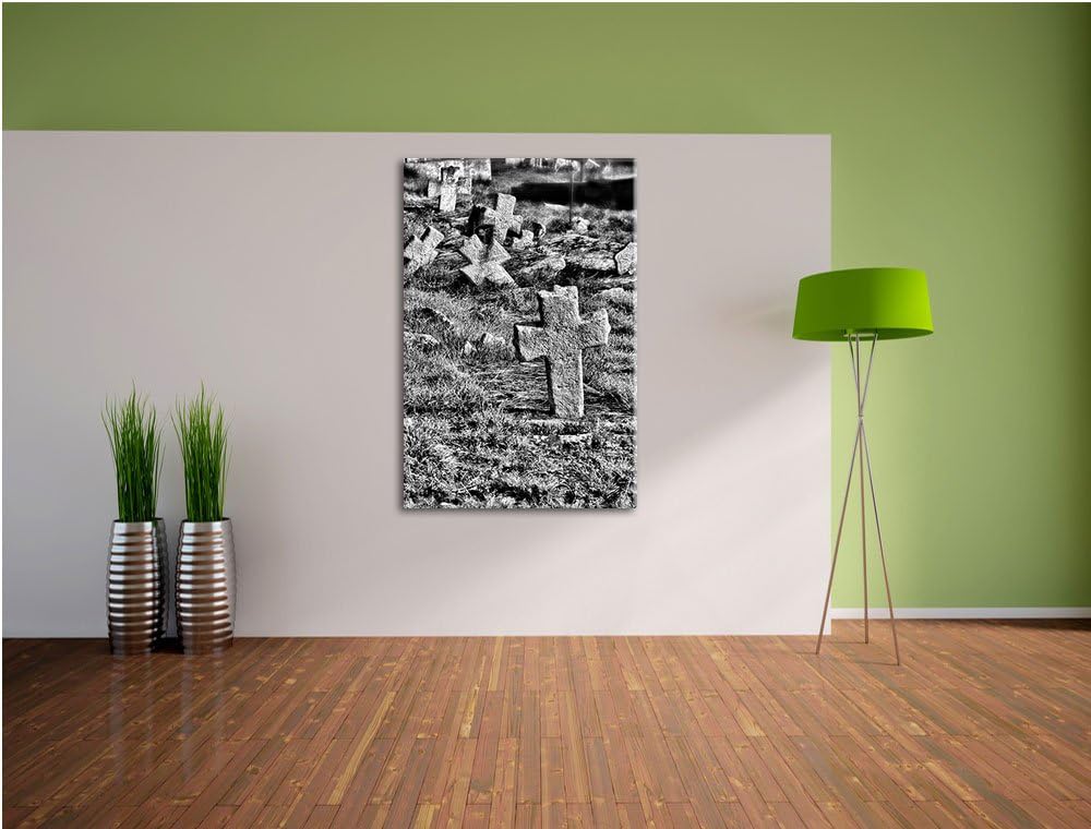 Pixxprint Friedhof schwarz weiss als Leinwandbild/Grösse: 100x70 cm/Wandbild/Kunstdruck/fertig bespa