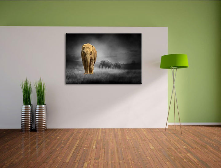 Elefanten in Steppe schwarz/weiss Format: 100x70 auf Leinwand, XXL riesige Bilder fertig gerahmt mit
