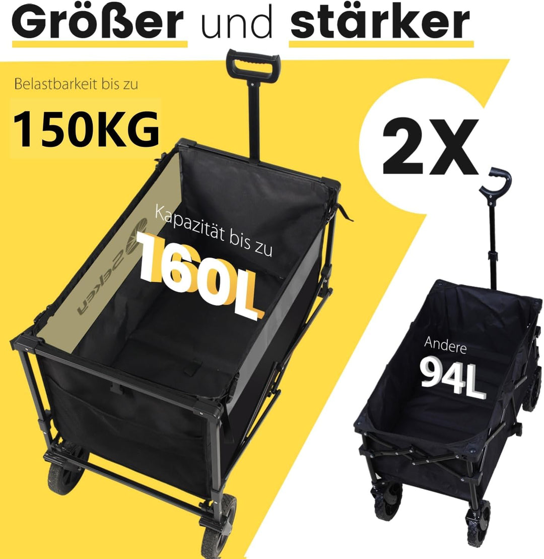 Sekey XXL Bollerwagen Faltbar mit Bremsen 160L 150KG Belastbar, Faltbarer Bollerwagen Geländetauglic