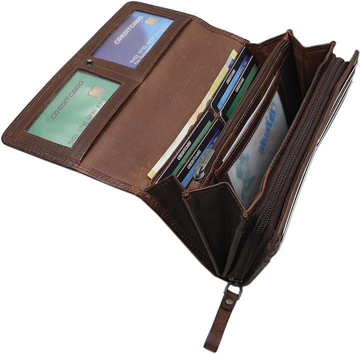 Grosse Rindleder Damen Geldbörse/Geldbeutel/Portemonnaie/Geldtasche mit RFID & NFC Schutz (Mit Schme