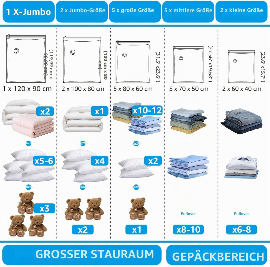BoxLegend Vakuumbeutel 15 Stück Aufbewahrungsbeutel Reise DickereVakuum Kleiderbeutel 1XXL+2XL+5L+5M