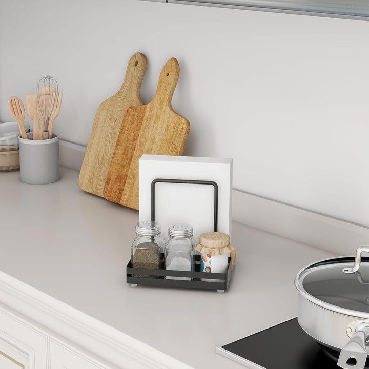 Serviettenhalter Schwarz,Serviettenhalter aus Metall & Holz Serviettenspender mit Caddy für Tisch Kü