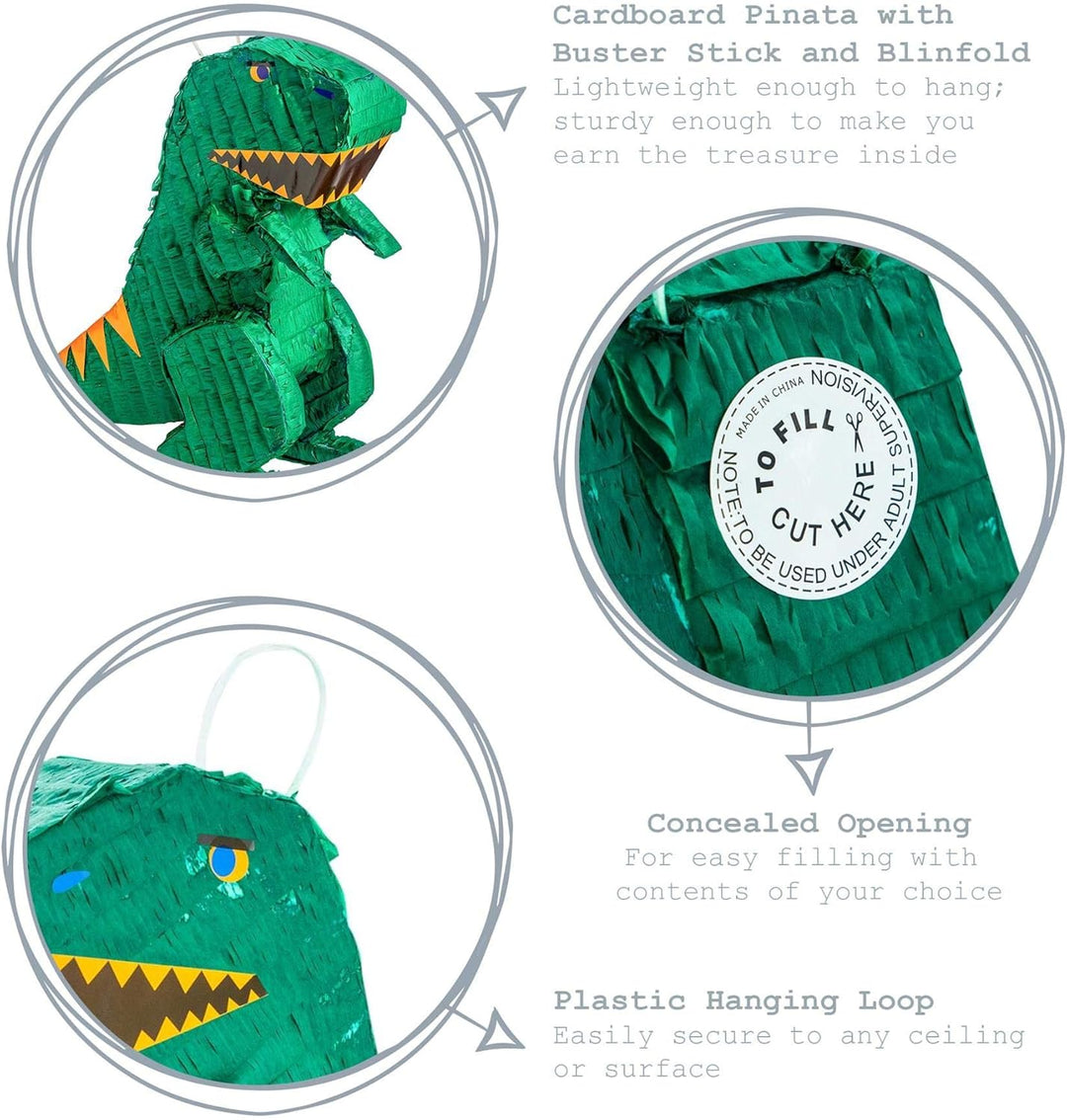 Fax Potato - Pinatas Dinosaurier -Karton Pinata, Stick Und Augenbinde - W43cm X D13cm X H55cm - Grün
