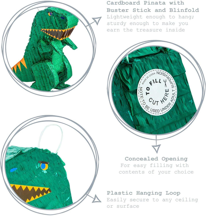 Fax Potato - Pinatas Dinosaurier -Karton Pinata, Stick Und Augenbinde - W43cm X D13cm X H55cm - Grün