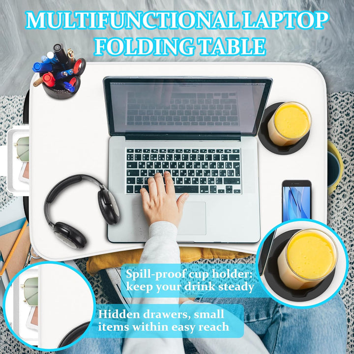 Soontrans Laptoptisch, 60 x 40 x 28 cm, Laptop Tisch mit Tablethalter, Schublade, Getränkehalter, Be