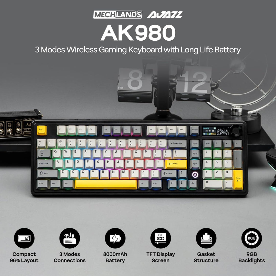 MechLands AJAZZ AK980 98% Mechanische Tastatur, BT5.0/USB-C/2.4GHz Wireless Gaming Tastatur, Hot Swa