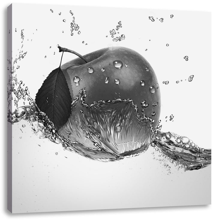 Pixxprint Köstlicher Apfel fällt ins Wasser Schwarz/Weiss, Format: 70x70 auf Leinwand, 70x70